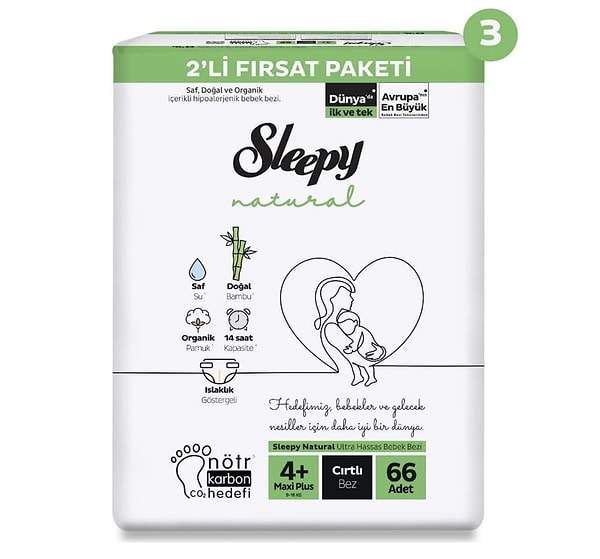 2. Sleepy Natural 2'li Fırsat Paketi Bebek Bezi 4+ Numara Maxi Plus 198 Adet