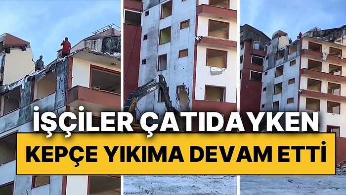 Rize’de İş Güvenliğini Hiçe Sayan Anlar: İşçiler Çatıdayken Kepçe Yıkıma Devam Etti