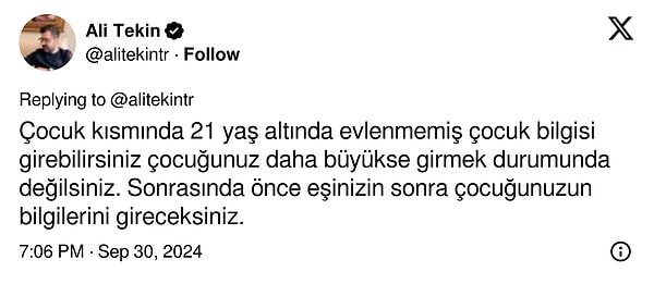 "Çocuk kısmına 21 yaş altı evlenmemiş çocuk bilgisi girebilirsiniz." 👇