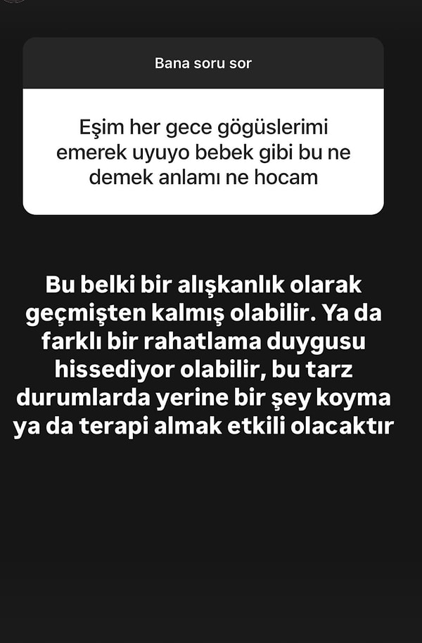 Eşinin her gece göğüslerini emerek uyuduğunu söyleyen kullanıcıya, "geçmişten kalma bir alışkanlık ya da farklı bir rahatlama duygusu olabilir" diyerek cevap veren Ezmeci'nin profesyonelliği bir kez daha gün yüzüne çıktı.