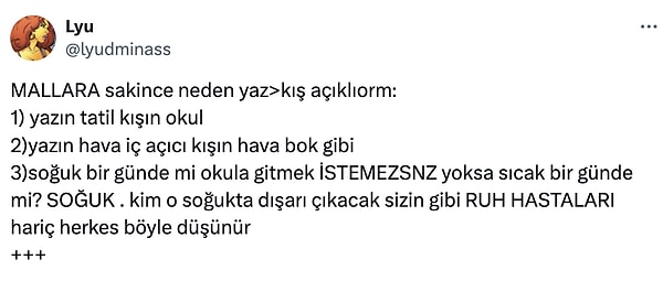 Her şey bu tweetle başladı. Twitter'da @lyudminass isimli kullanıcı yazın neden güzel, kışın ise neden çekilmez olduğunu yazdığı bir flood ile anlattı.👇