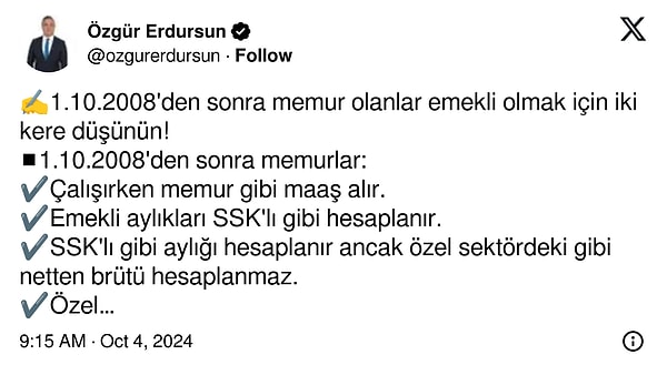 “Emeklilik planlarınızı doğru yapın, mağdur olmayın” diyen Özgür Erdursun’un emekli olmak isteyenlere kritik uyarıları şöyle: