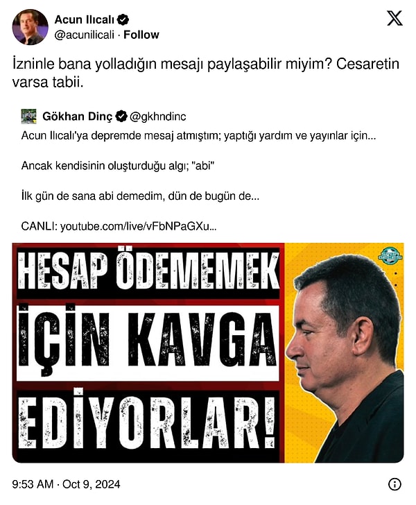 Ilıcalı, Twitter hesabından Dinç'in ifadelerine cevap verdi.