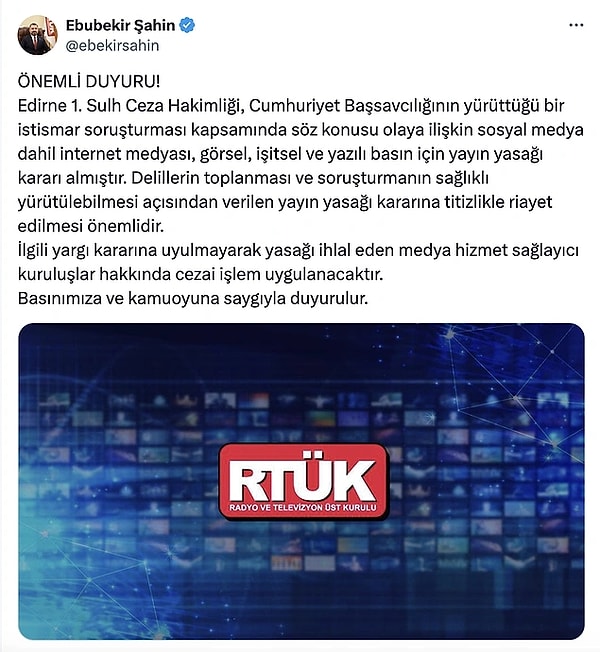 RTÜK Başkanı Ebubekir Şahin, "İstismar soruşturması kapsamında söz konusu olaya ilişkin" yayın yasağı getirildiğini açıkladı.