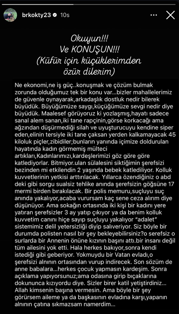 Ateş püsküren sözlerini "Allah kimsenin başına vermesin. Ama böyle bir şey görürsem aileme ya da başkasının evladına karşı, yapanın alnının çatına sıkmazsam namerdim..." diyerek bitiren Berk Oktay'ın paylaşımının tamamını da buradan okuyabilirsiniz: