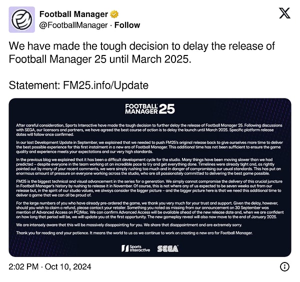 Biz daha fazla detay beklerken Football Manager 25'ten erteleme haberi geldi.