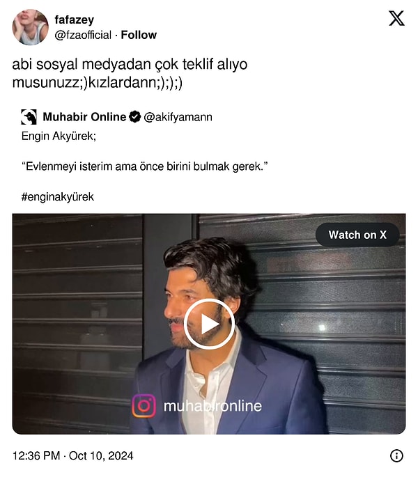 Ünlü oyuncu, Engin Akyürek'i "Sosyal medyadan çok teklif alıyor musunuz?" sorusuyla afallatan muhabire "abi sosyal medyadan çok teklif alıyo musunuzz;) kızlardann;););)" diyerek tepki gösterdi.