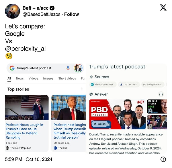 Sosyal medya kullanıcıları ise Google ile Perplexity'nin karşılaştırmasını yaptı.