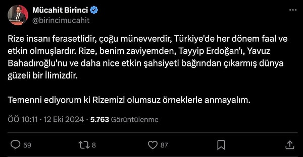 Bir eleştiri de eski AK Parti MKYK Üyesi Mücahit Birinci'den geldi. Mücahit Birinci, X hesabından yaptığı paylaşımda şunları söyledi: "Rize insanı ferasetlidir, çoğu münevverdir, Türkiye'de her dönem faal ve etkin olmuşlardır. Rize, benim zaviyemden, Tayyip Erdoğan'ı, Yavuz Bahadıroğlu'nu ve daha nice etkin şahsiyeti bağrından çıkarmış dünya güzeli bir İlimizdir. Temenni ediyorum ki Rizemizi olumsuz örneklerle anmayalım."