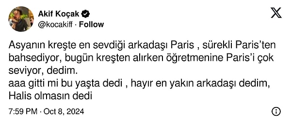 Kız babası, @kocakiff sosyal medya platformu X üzerinden kızının arkadaşı Paris'i anlattığı, pardon "Halis"i anlattığı tweet, diğer ebeveynleri de harekete geçirdi.