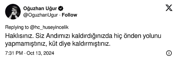 Oğuzhan Uğur, bu kez de Eski Milli Eğitim Bakanı olduğu dönemde yaptığı bir çalışmayla Hüseyin Çelik'e sert bir göndermede bulundu.