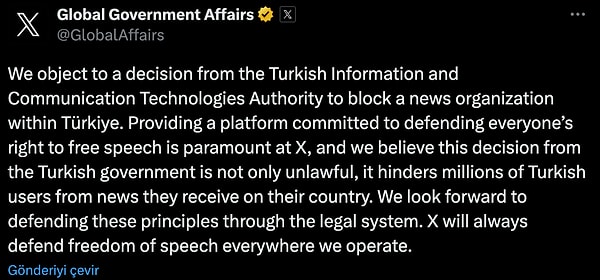 Türkiye’de faaliyet gösteren Twitter şirketi, BTK’nın kararını uygulayarak hesabı kapattı ancak global olarak kullanılan hesaptan yaptığı açıklama ile erişim engeline tepki gösterdi.