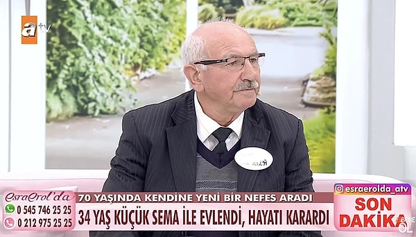 5. Esra Erol'da programına katılan 70 yaşındaki Ali Rıza Bey, kendisinden 34 yaş küçük eşini aramak için yayına katılmıştı. Bebeğinin kendisinden olup olmadığını merak eden Ali Rıza Bey, cinayet itirafıyla herkesi şoke etti.