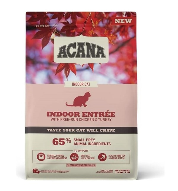 Acana Indoor Entree Sterilised, kısırlaştırılmış kediler için özel olarak formüle edilmiş bir kedi maması.