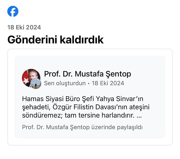 Şentop, yayınladığı taziye mesajının Meta tarafından kaldırıldığını paylaştı.