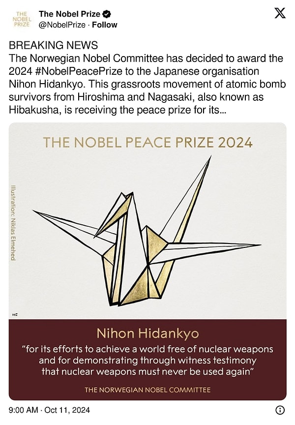 When announcing the decision, the Nobel Committee stated that the peace prize was awarded for demonstrating, through witness testimonies, that nuclear weapons should never be used again: