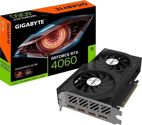 GIGABYTE GeForce RTX™ 4060 WINDFORCE OC 8G 2 fanlı WINDFORCE COOLING SYSTEM Gaming Ekran Kartı