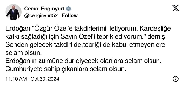 Cemal Enginyurt ise sert bir paylaşım yaptı.