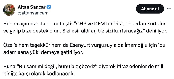 Sözcü'den Altan Sancar konuşmada gizliden İmamoğlu mesajı olduğunu iddia etti.