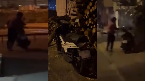 Çanakkale'de sokakta duran motosikleti iterek çalmaya çalışan hırsız, bir vatandaşın cep telefonu kamerası tarafından kayda alındı.