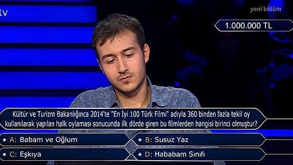 1 milyon TL'lik soru sinemayla alakalı bir genel kültür sorusu olarak ekrana geldi.