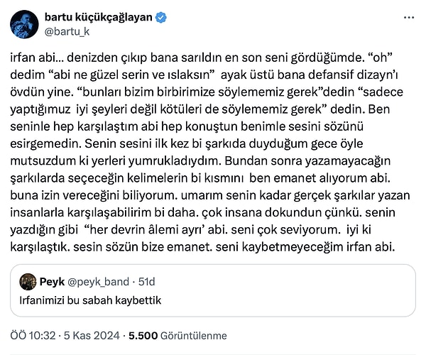 Bartu Küçükçağlayan, İrfan Alış'a X hesabından yaptığı paylaşım ile veda etti 👇🏻