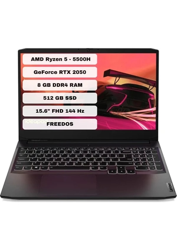 Lenovo Ideapad Gaming 3 AMD Ryzen 5 5500H 8GB 512GB SSD RTX2050 Freedos 15.6" FHD Taşınabilir Bilgisayar