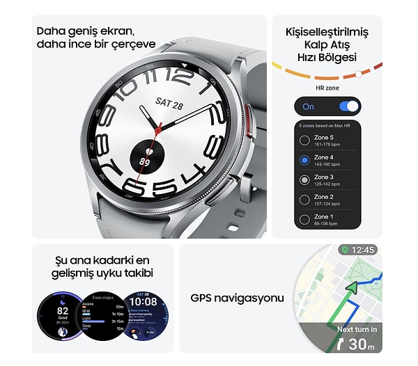 Kan oksijen seviyesinden kalp ritmine kadar birçok sağlık parametresini ölçer; uyku analizleriyle uyku kalitenizi artırmanıza yardımcı olur. Samsung BioActive sensörü ile sağlığınızı en ince ayrıntısına kadar takip edin!