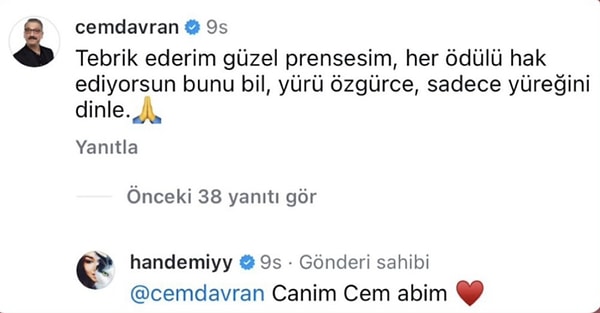 Hande Erçel de bu yoruma "Canım Cem abim ❤️" diyerek karşılık verdi.