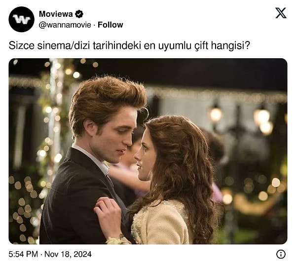 İşte o uyumlu çiftlerden bazılarıyla karşınızdayız. X/Twitter'da @wannamovie, "Sizce sinema/dizi tarihindeki en uyumlu çift hangisi?" sorusunu yöneltti. Paylaşıma birbirinden uyumlu çiftler geldi. Gelin yorumlara birlikte bakalım.