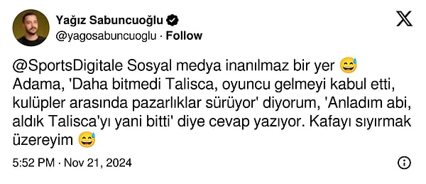 Fenerbahçeliler transfer bitti diye sevinmeye başlamışken Sabuncuoğlu, Talisca gelmeyi kabul etse de kulüpler arasındaki pazarlığın sürdüğünü söyledi👇