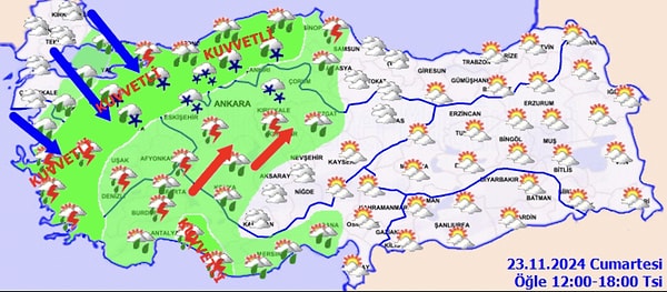 Bugün ülke genelinde kuvvetli sağanak yağış ve kar yağışı var. Meteorolojinin 23 Kasım 2024 hava tahmin raporunda kuvvetli rüzgarın hızının saatte 80 kilometreyi bulacağı belirtildi.