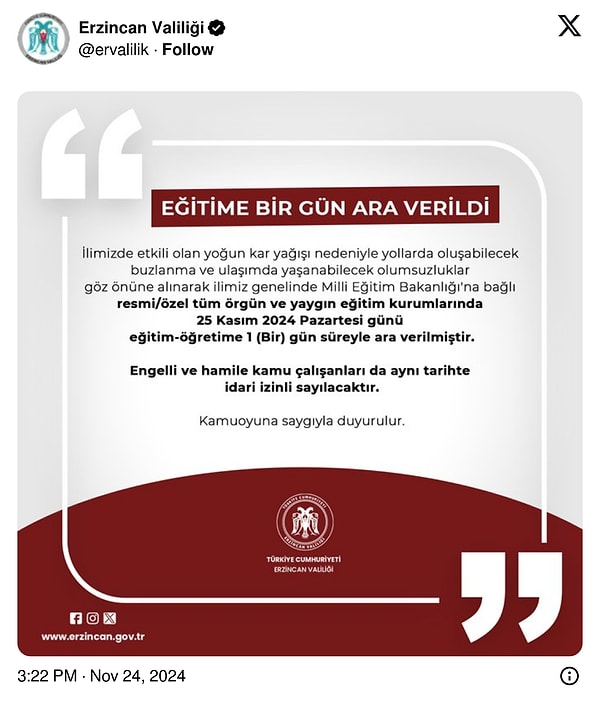 Erzincan Valiliği'nin yaptığı paylaşım 👇