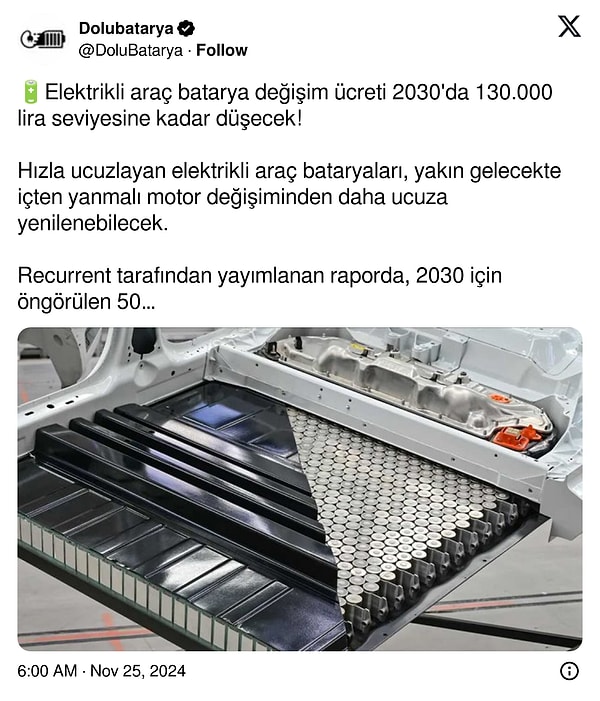 @DoluBatarya kullanıcı adlı Twitter (X) hesabı da bu haberi takipçileriyle paylaşarak, gelecek yıllarda batarya değişim ücretlerinin daha uyguna halledilebileceği müjdesini verdi.