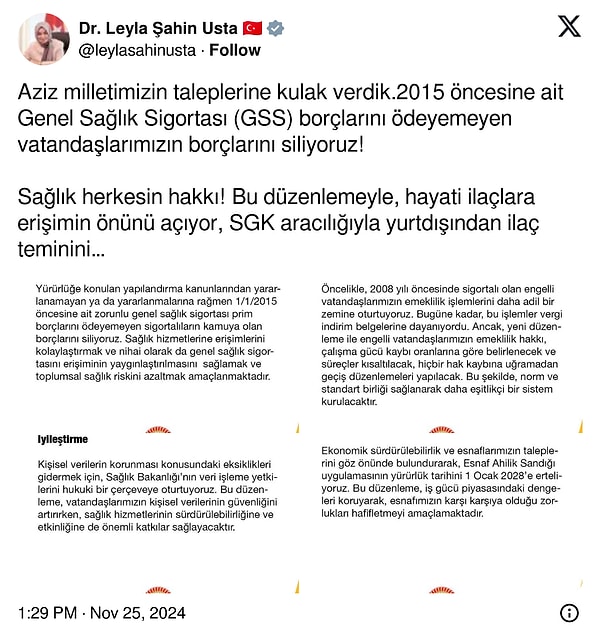 Söz konusu düzenlemeye dair X hesabından paylaşım yapan AK Parti Grup Başkanvekili Leyla Şahin Usta şunları dedi: