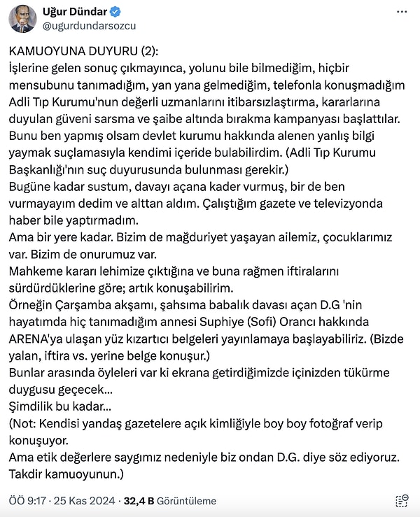 "Bu rapor için mahkemece sevk edildiğim, her koridoru kamera ile görüntülenen devlet hastanesinde kan  ve saç örneğim alındı. (Saçımdan çeke çeke, sökerek kopartılan bir tutamın yerinde halâ boşluk var!..) Adli Tıp Raporunun sonuçlanması 7 ay sürdü.  Bu manevi işkence sürecinde ailem travmalar yaşadı."