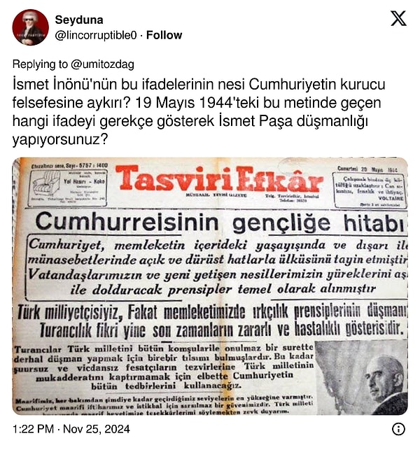 Paylaşımdaki İnönü eleştirisi de tepkileri beraberinde getirdi.