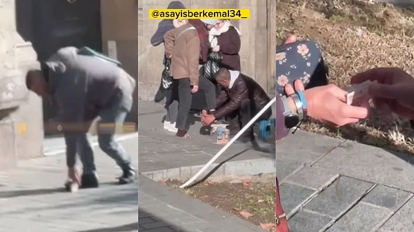 İstanbul Karaköy'de ayakkabı boyacısı kılığında dolanan 3 kişi, sokakta gezen turistleri ağına düşürmek için fırça düşürme numarası yaptı.