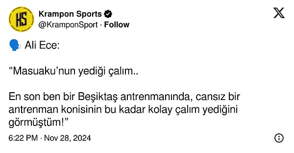 Yorumcu Ali Ece de Masuaku'nun gösterdiği kötü performansa ve yediği çalıma kayıtsız kalmadı👇