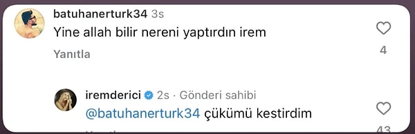 Bir kullanıcının "Yine allah bilir nereni yaptırdın İrem" yorumunu görünce de tutamadı kendini. Her zamanki ironi kraliçeliğini konuşturdu, lafını esirgemedi...