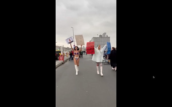 Yine bikinisiyle sokağa çıkan Aydınalp'in elinde “Öldüğümde kıyafetimi değil katilimi araştır.” yazılı pankart ve İran'da protestosuyla büyük des getiren Ahoo Daryaei'nin resmi dikkat çekti.