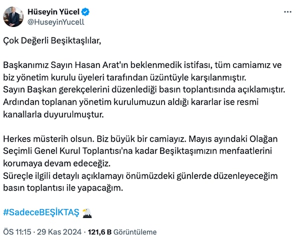 Hüseyin Yücel'in açıklamalarının tamamı şu şekilde: