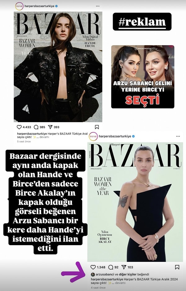 Magazin Gözü'nün iddiasına göre Arzu Sabancı'dan Birce Akalay'a hemen "like" gelirken, Hande Erçel'in fotoğrafı kalpsiz kaldı...