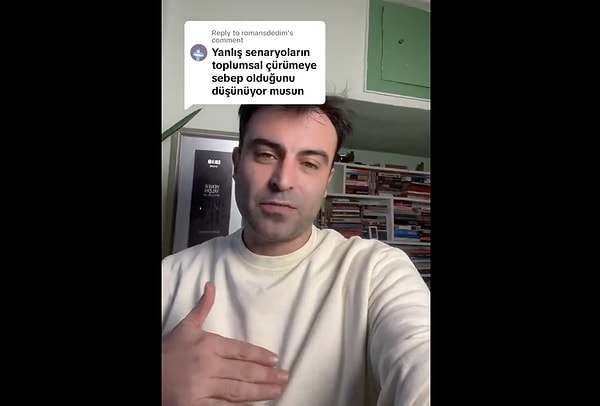 "Yanlış senaryoların toplumsal çürümeye sebep olduğunu düşünüyor musun?" sorusuna "Evet düşünüyorum, bazı diziler toplumsal çürümeye sebep oldu" yanıtını verdi.