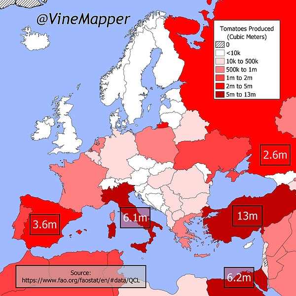 4. Domates üretimini gösteren bir harita. Türkiye'nin üretimine bakar mısınız?
