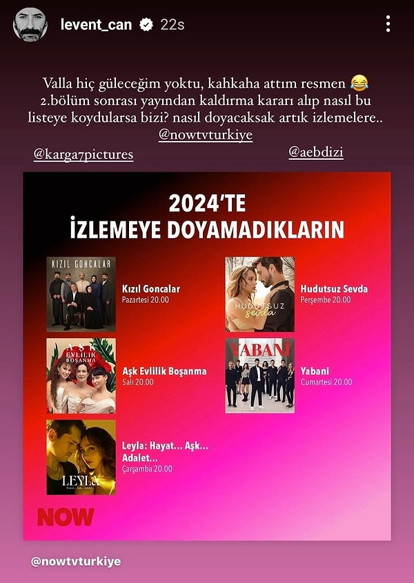 NOW'ın "2024'te izlemeye doyamadıkların" listesine eklenen Aşk Evlilik Boşanma için konuşan Levent Can, dizinin erken final yapmasına isyan etti.