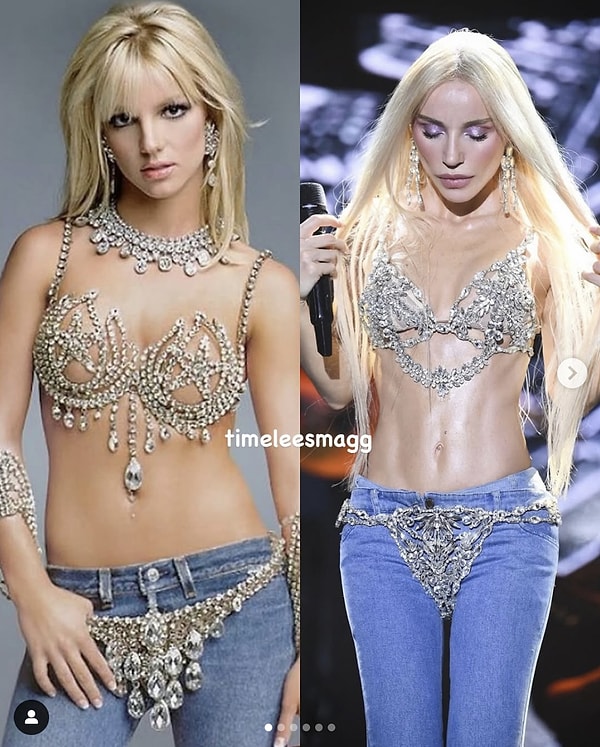 Gülşen'in kombininin ilham kaynağı ise belli oldu! Gülşen’in sahne kombini, Britney Spears’ın 2001’deki ikonik taşlı bra, külot ve jean setine çok benzetildi.