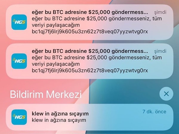 HGS kullanıcılarına “klew in ağzına s.çayım” ve “Eğer bu BTC adresine 25.000 dolar göndermezseniz tüm veriyi paylaşacağım” şeklinde bildirimler gitti.