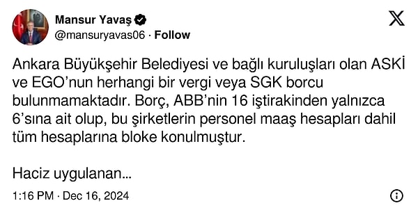 Yavaş, yaptığı paylaşımda ABB’nin 16 iştirakinden 6’sının hesabına bloke konulduğunu ifade ederek şu açıklamayı gerçekleştirdi: