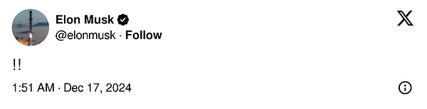 Bu paylaşımı alıntılayan ve medyanın sözüne güvenilmemesi gerektiğini sık sık belirten X'in sahibi Elon Musk, yalnızca ünlem işaretiyle tepkisini gösterdi.